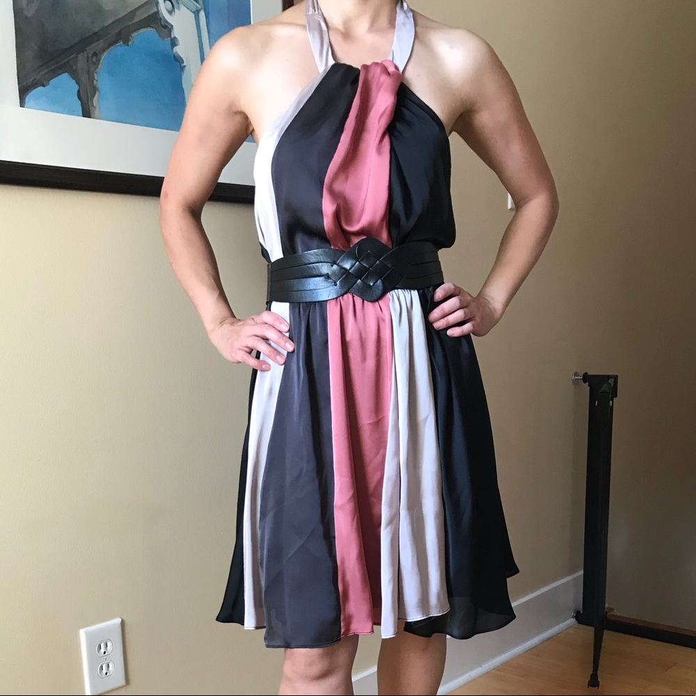 Silky mauve, platinum, black tritone halter dress.